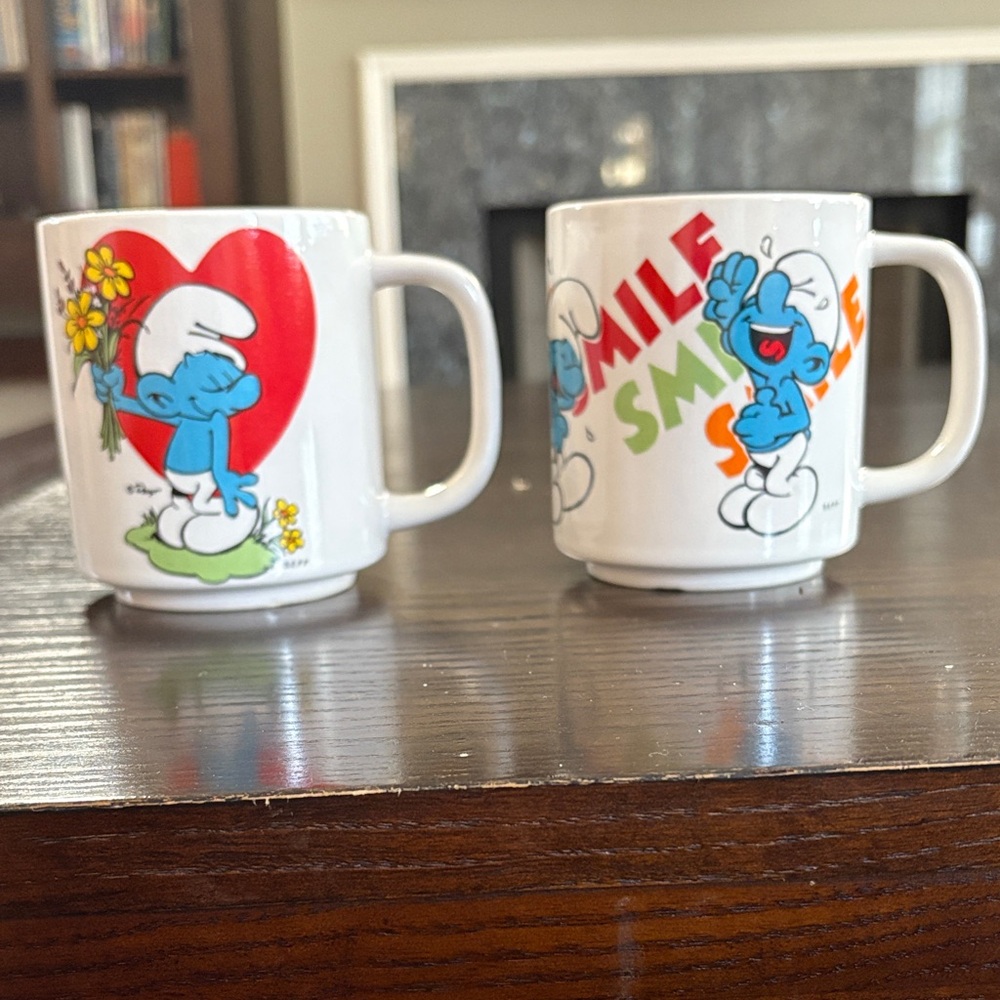 Set of 2 Vintage 1980s Smurfs White Ceramic Coffee Cup Mugs